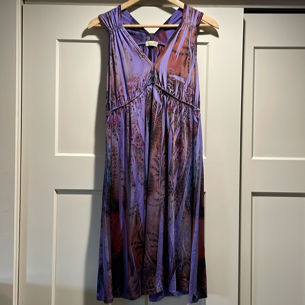 Purple patterned sleeveless dress, size medium